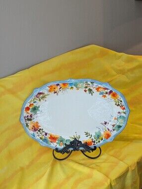 The Pioneer Woman Floral Oval 21 Inch Serving Platter with Blue Trim